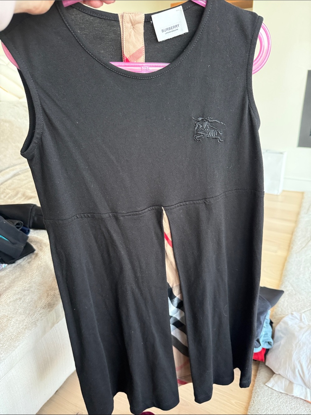 Burberry Black Sleeveless Cotton Dress with Check Inset
